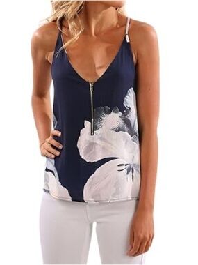 Women's Floral Print Spaghetti Strap Front Zipper Tank Top Cami Size S Small